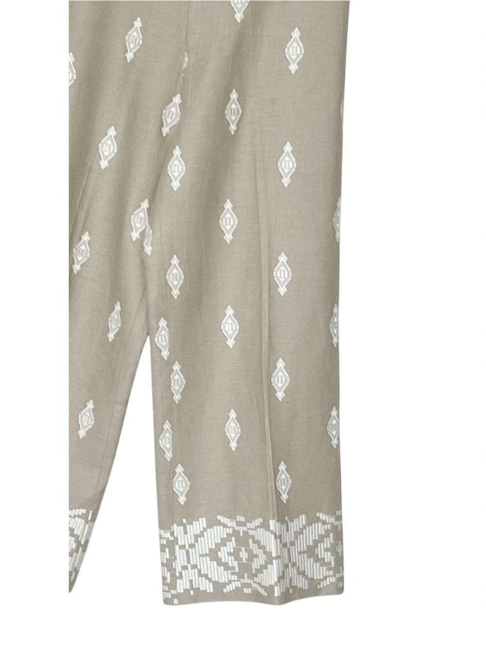 Zara tan linen embroidered wide leg trouser pants size S